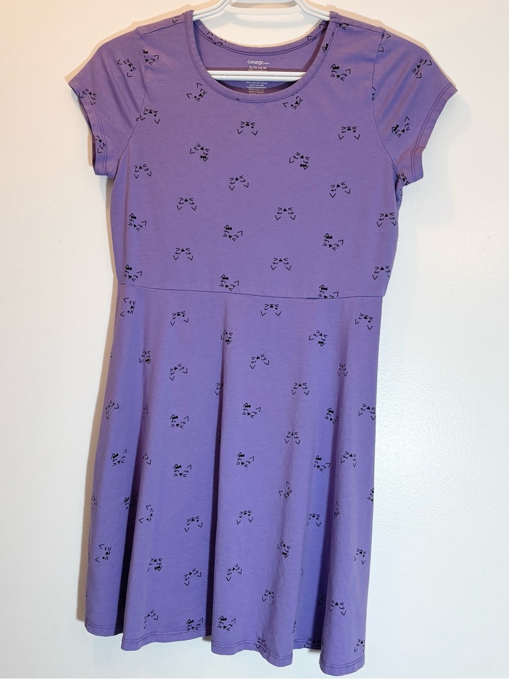 George Girls Lilac Purple Cat Face Skater Dress Size XL 14-16 Summer Casual